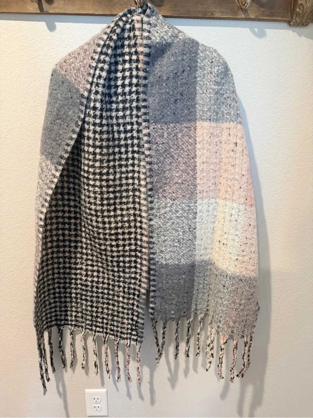 Steve Madden Plaid Fringe Wrap in Pink, Gray & Cream